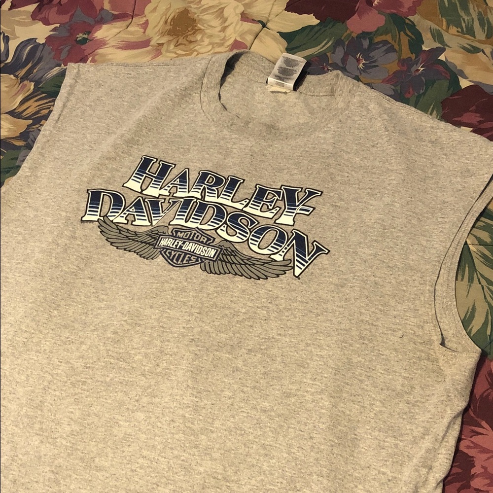 Harley-Davidson Gray Sleeveless Tee with Navy and Black Logo XL Used condition